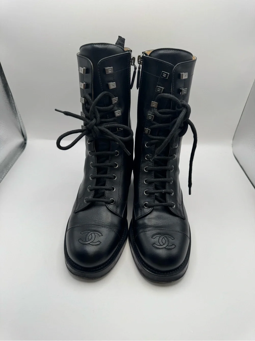 CHANEL Black Calfskin Leather Lace-Up Combat Boots CC Logo Size 37
